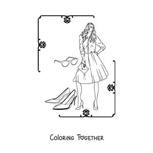 Coloring page of a woman wearing a dress and heels