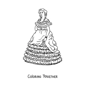 Coloring page of a woman wearing a long vintage-style dress