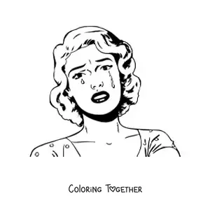 Coloring page of a woman's face crying drawn in vintage style