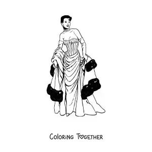 Coloring page of a lady dressed in vintage fashion