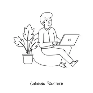 Coloring page of a modern man working on the computer