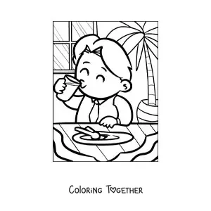 Coloring page of a man wearing a tie eating happily