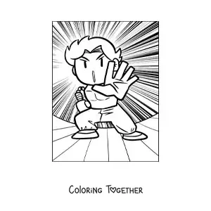 Coloring page of a cartoon of a karate man throwing a strong punch