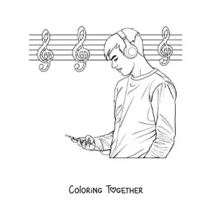 Coloring page of a young man listening to music with headphones with a musical staff in the background