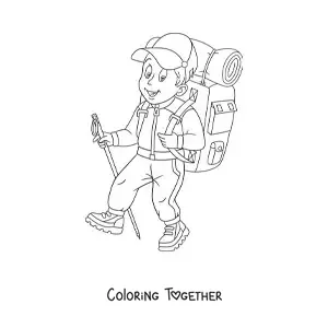 Coloring page of a happy man dressed as a mountaineer