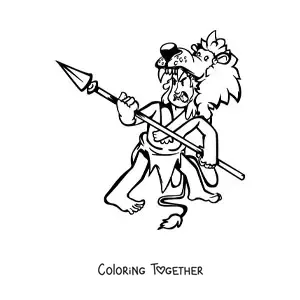 Coloring page of a man dressed in a loincloth and a lion's skin holding a spear, looking furious