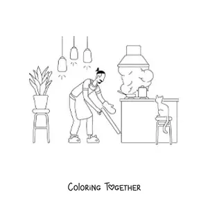Coloring page of a man cleaning an apartment