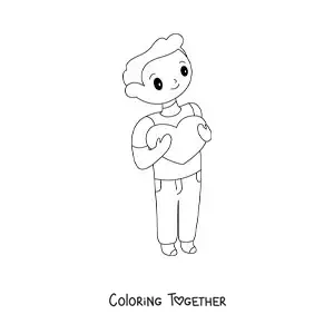 Coloring page of a young man holding a heart in his arms