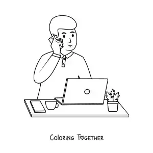 Coloring page of a happy young man working at the computer while talking on the phone