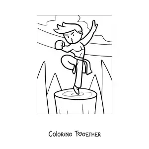 Coloring page of a cartoon of a strong young karate fighter training