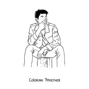 Coloring page of a young man sitting and looking thoughtful