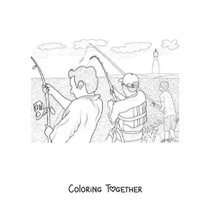 Coloring page of several men fishing on the shore of a lake