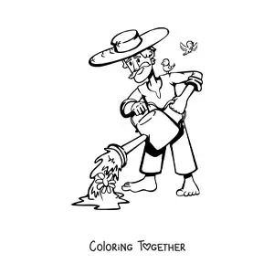 Coloring page of a gardener man watering the plants