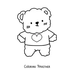 Coloring page of a kawaii teddy bear wearing a shirt with a heart