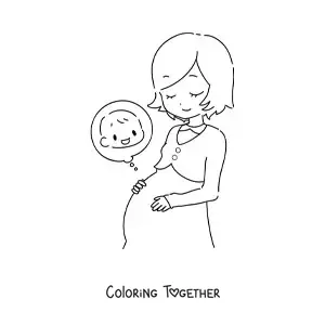 Coloring page of a young pregnant woman feeling the baby in her belly
