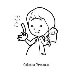 Coloring page of a happy pregnant woman eating snacks