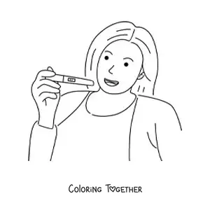 Coloring page of a happy woman holding a pregnancy test
