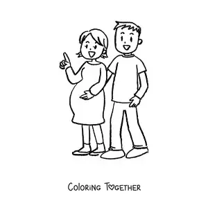 Coloring page of a married couple where the woman is pregnant