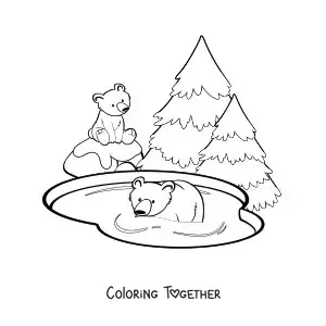 Coloring page of a pair of polar bears by a lake next to some pine trees