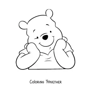 Coloring page of the face of Winnie the Pooh resting on his hands, smiling
