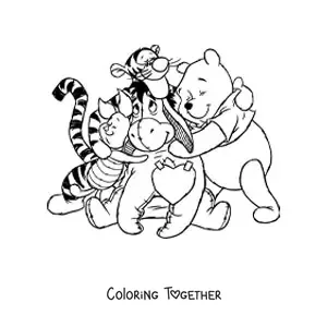 Coloring page of Winnie the Pooh in a hug with his friends