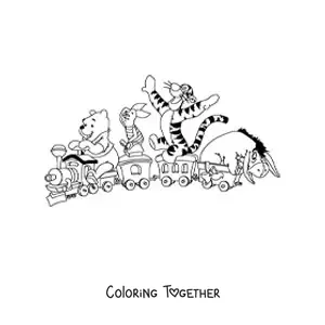 Coloring page of Winnie the Pooh and his friends playing on a toy train