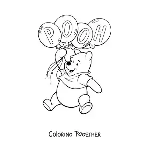 Coloring page of Winnie the Pooh floating while holding balloons with his name on them