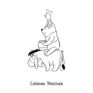 Coloring page of Pooh sitting on Eeyore with Piglet sitting on his head