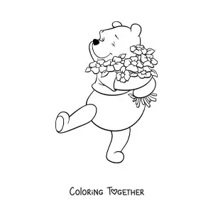 Coloring page of a happy Winnie the Pooh hugging some flowers