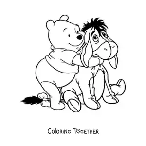 Coloring page of Pooh hugging Eeyore