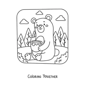 Coloring page of a cartoon kawaii bear sitting in the forest eating honey from a jar