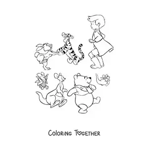 Coloring page of Pooh's friends playing together