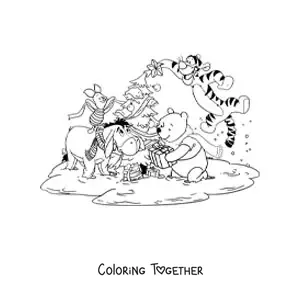 Coloring page of Pooh with his friends decorating a Christmas tree