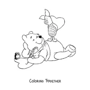 Coloring page of Pooh with Piglet drawing hearts