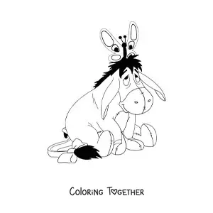 Coloring page of Eeyore sitting with a butterfly on his head