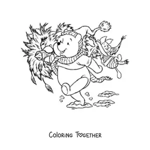 Coloring page of Piglet and Pooh carrying a Christmas tree