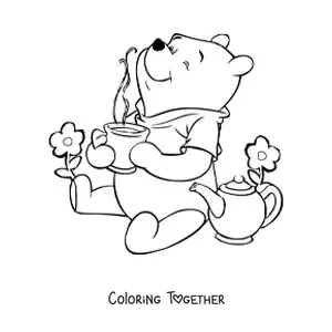Coloring page of Winnie the Pooh having tea beside some flowers