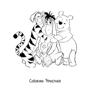 Coloring page of Winnie the Pooh's friends in a group hug