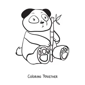 Coloring page of a kawaii panda bear sitting and holding a bamboo branch