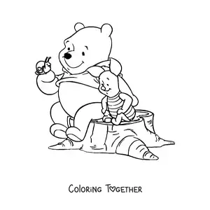 Coloring page of Pooh sitting on a log holding a snail next to Piglet