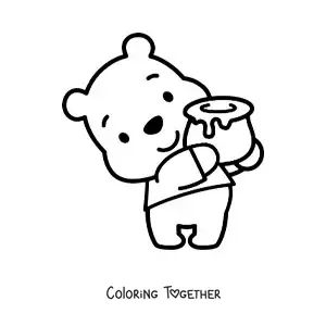 Coloring page of kawaii Winnie the Pooh holding a jar of honey