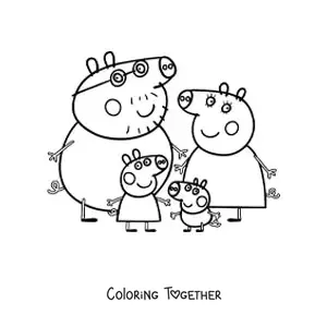 Coloring page of Peppa with her parents and her brother