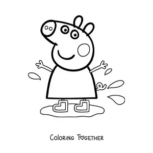 Coloring page of Peppa wearing boots and stepping in a mud puddle