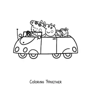 Coloring page of Peppa with her family going for a drive in the car