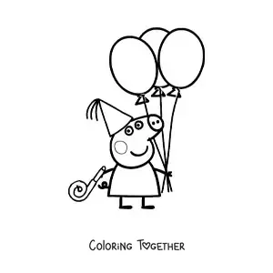 Coloring page of Peppa wearing a party hat and holding several balloons