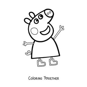 Coloring page of Peppa smiling and raising her arms happily