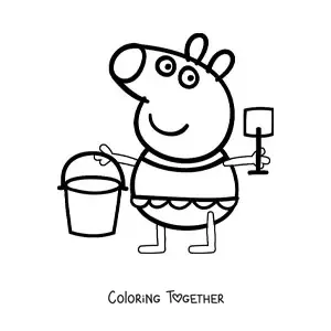 Coloring page of Peppa wearing a swimsuit and holding a bucket and a sand shovel
