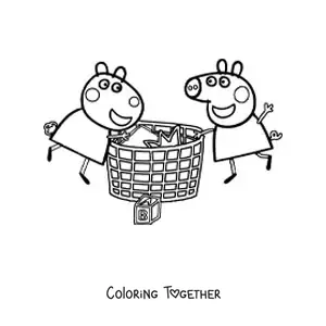 Coloring page of Peppa and Suzy looking through things inside a big basket