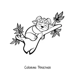 Coloring page of a cartoon kawaii panda bear sleeping on a tree branch