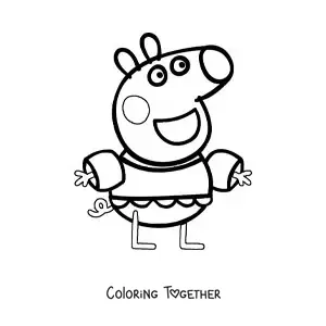 Coloring page of a happy Peppa wearing a swimsuit and floaties